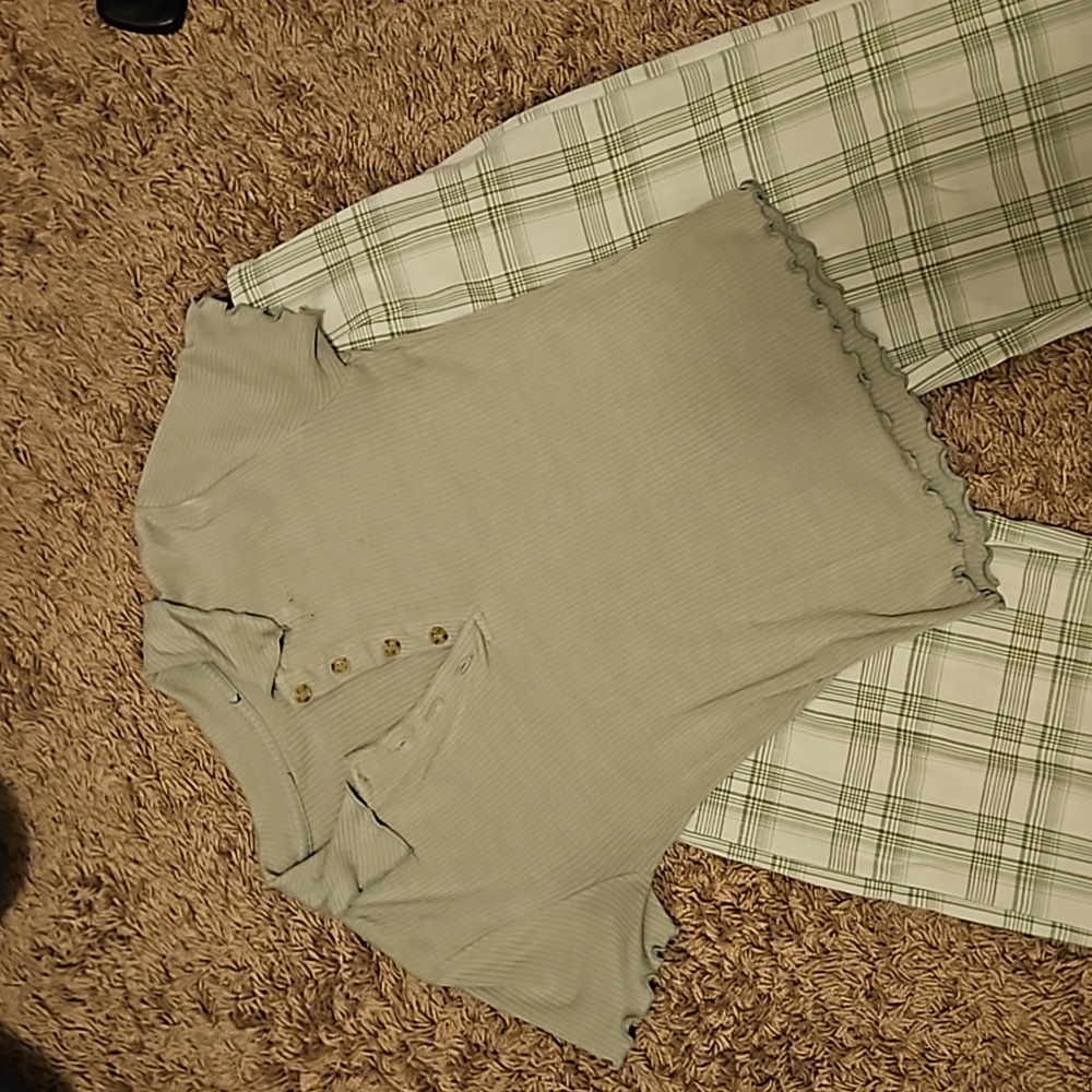 Mint green plaid dress pants & knit button up